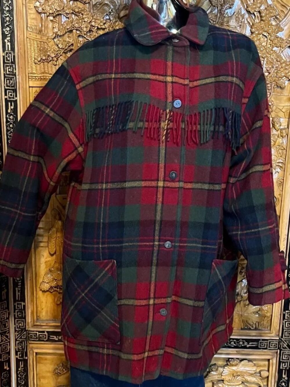Vintage Eddie Bauer Women's Plaid Wool Fringed Buttoned Coat/Jacket